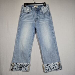 Driftwood Charlee Embroidered Cuff Crop Wide Leg Jeans Bluebell Fleur Size 28